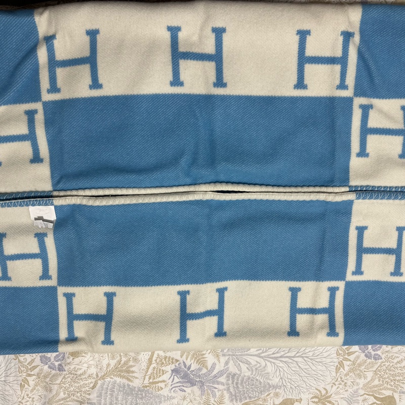 Hermes 愛馬仕 經典 Avalon 刺柏藍 /白色H 寶寶毛毯毯子 全新-2