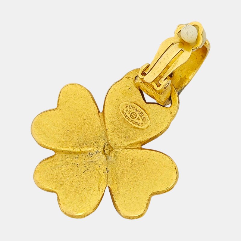CHANEL 金色合金四葉草雙C耳夾 中古款-3