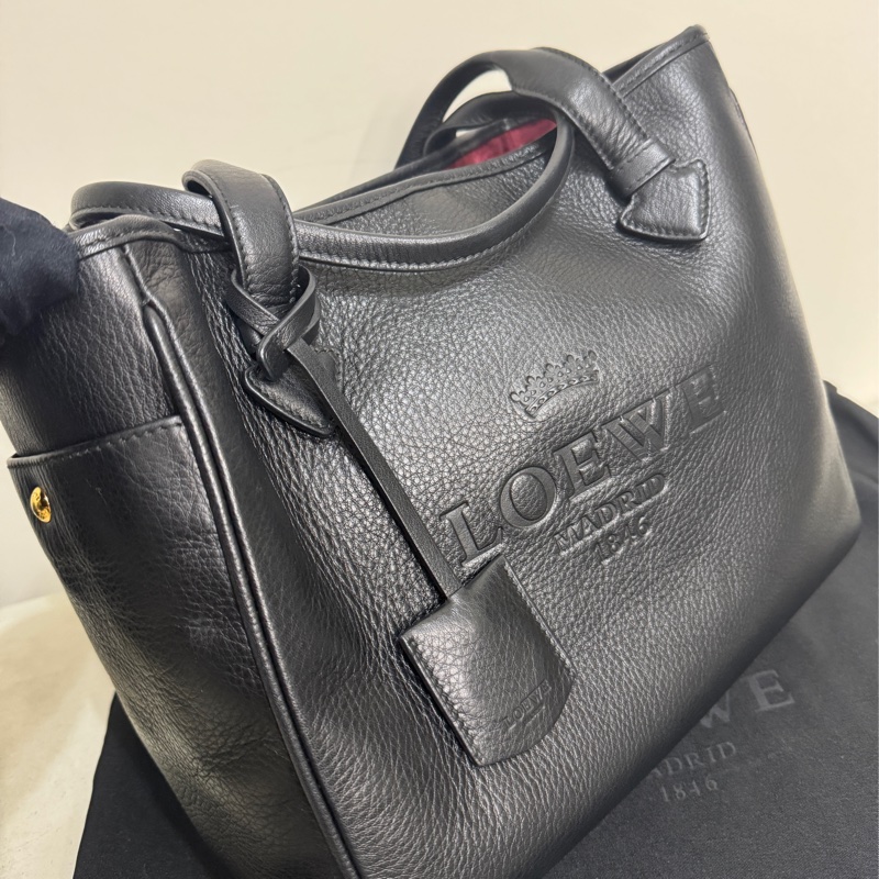 Loewe heritage tote bag黑色牛皮中型手提包/古董包-6