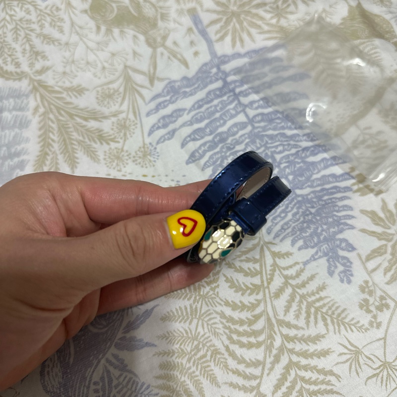 BVLGARI 近新雙環深藍色皮革蛇頭手環-2