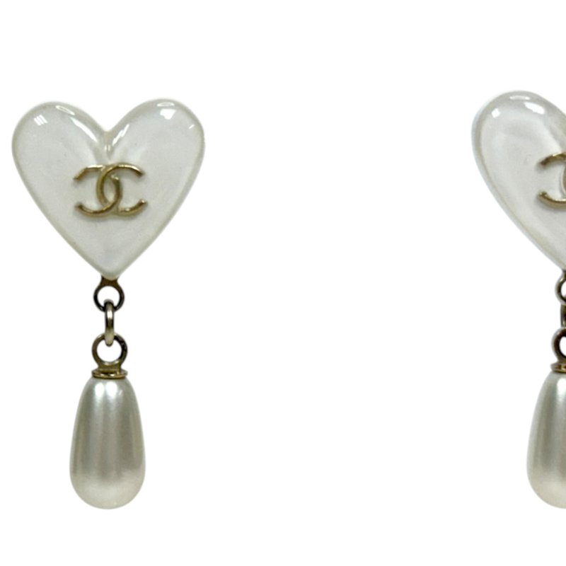 CHANEL CC 愛心 垂吊珍珠 耳環-3