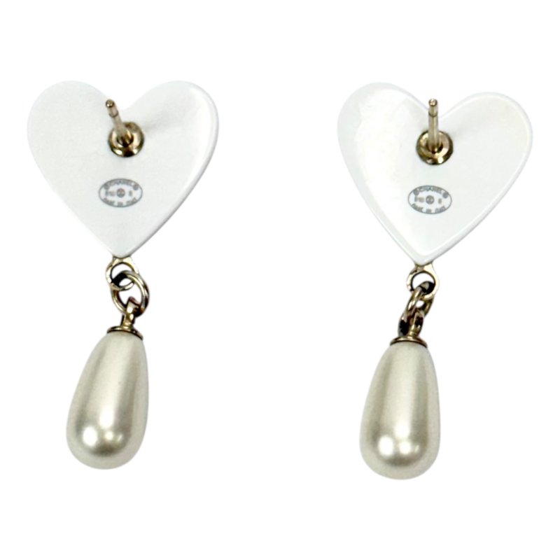 CHANEL CC 愛心 垂吊珍珠 耳環-5