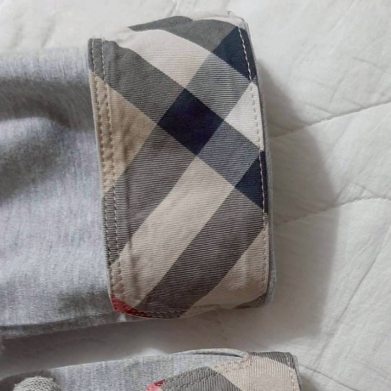 (日本製MIJ)BURBERRY 博柏利 LONDON戰馬 女灰色經典格紋反折七分袖上衣2號-5