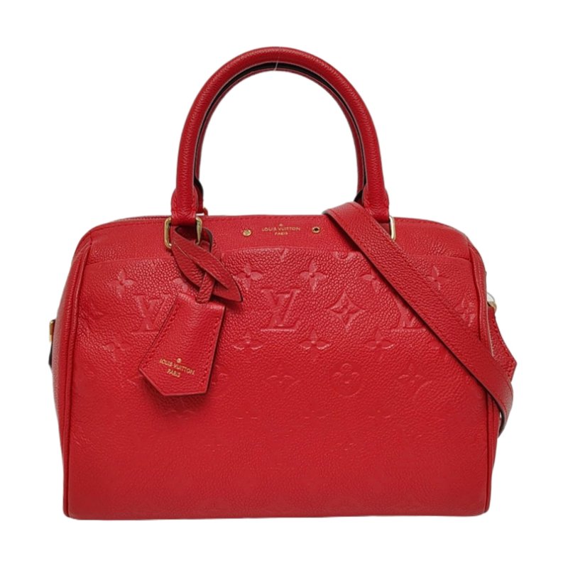 LOUIS VUITTON SPEEDY 25 紅色牛皮老花壓紋波士頓包肩背包手提包 金色五金 可拆卸肩帶-0