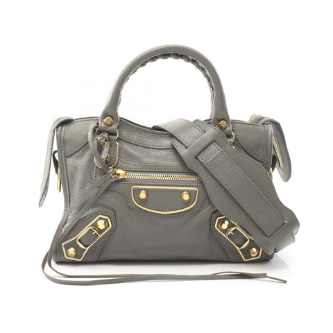 BALENCIAGA 經典金屬邊迷你城市手提包 390160 皮革灰色二手