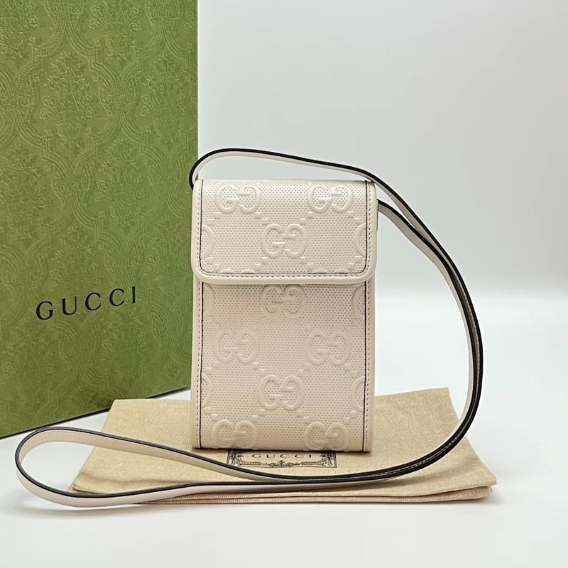 GUCCI 白色雙G logo斜背手機包 12*15*3.5 99新配件盒子塵袋-0