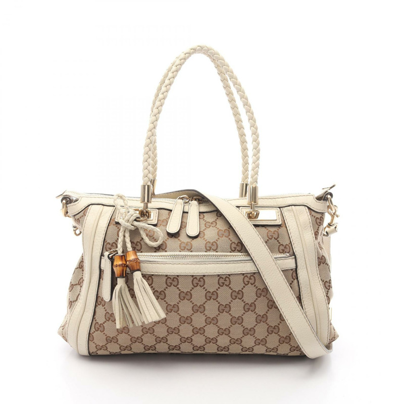 GUCCI Bella Bamboo 單肩手提包 282300 帆布皮革米白色二手-0