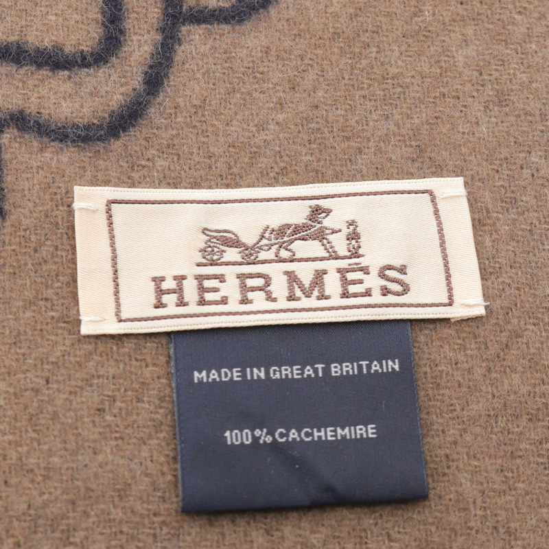 HERMES Tete a Tete Equestre 圍巾 羊絨 棕色 海軍藍 二手 男款-1