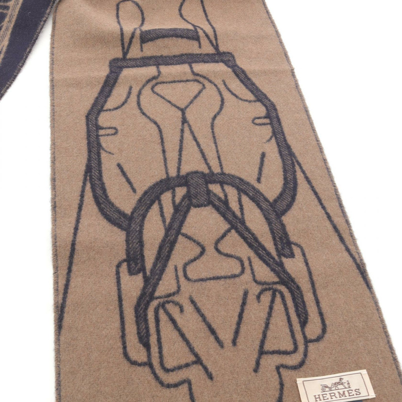 HERMES Tete a Tete Equestre 圍巾 羊絨 棕色 海軍藍 二手 男款-4