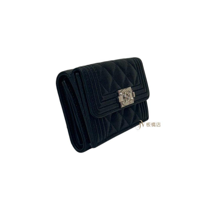 CHANEL 黑銀荔枝皮BOY三折零錢短夾-1
