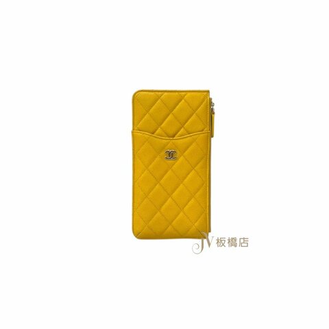 CHANEL 黃色淡金釦荔枝皮一字拉鍊卡包