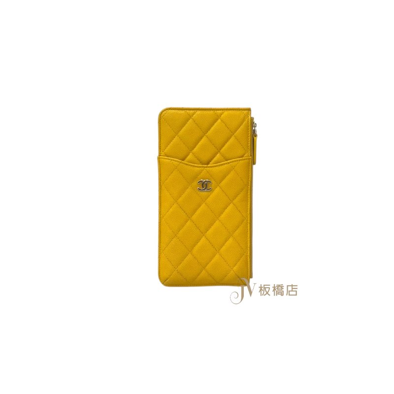 CHANEL 黃色淡金釦荔枝皮一字拉鍊卡包-0