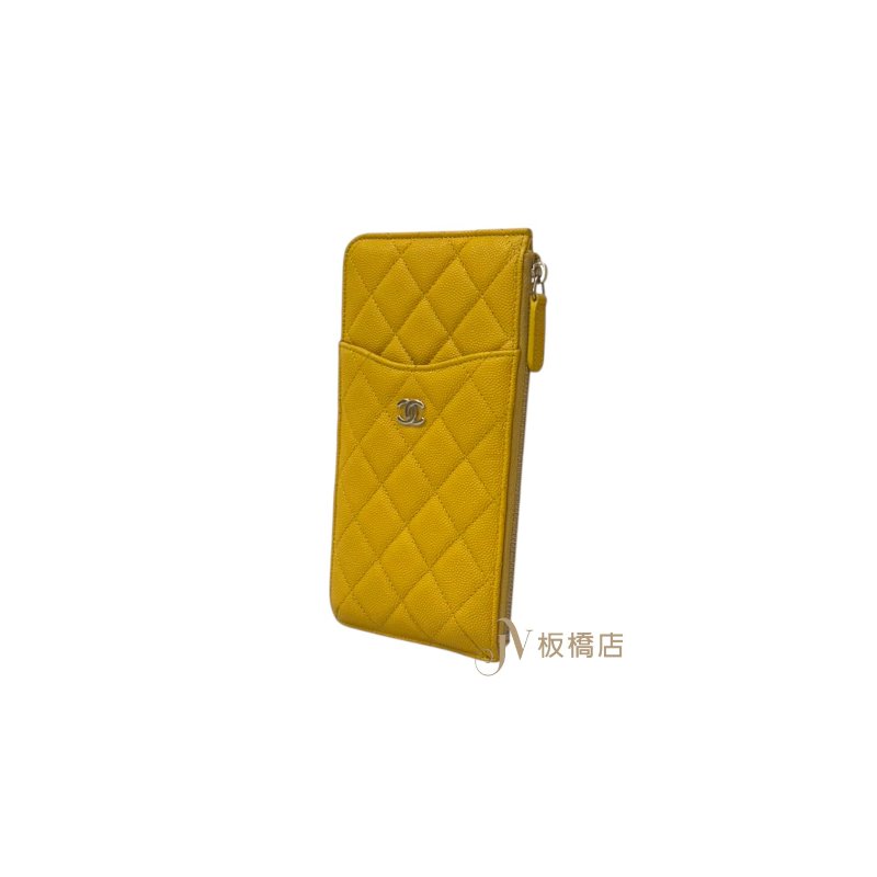 CHANEL 黃色淡金釦荔枝皮一字拉鍊卡包-2