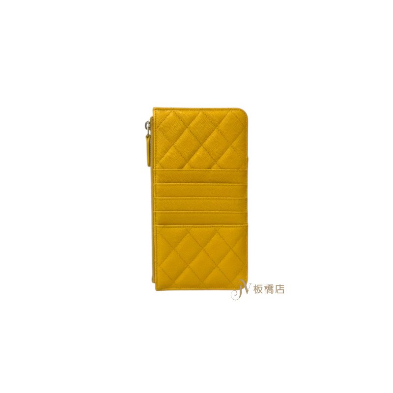 CHANEL 黃色淡金釦荔枝皮一字拉鍊卡包-5