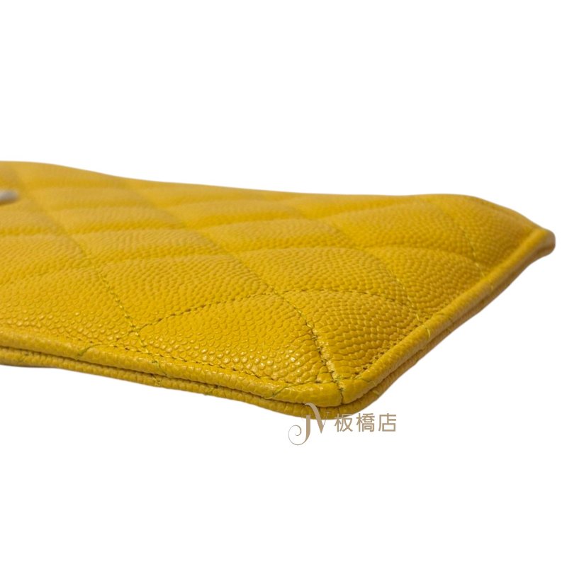 CHANEL 黃色淡金釦荔枝皮一字拉鍊卡包-7
