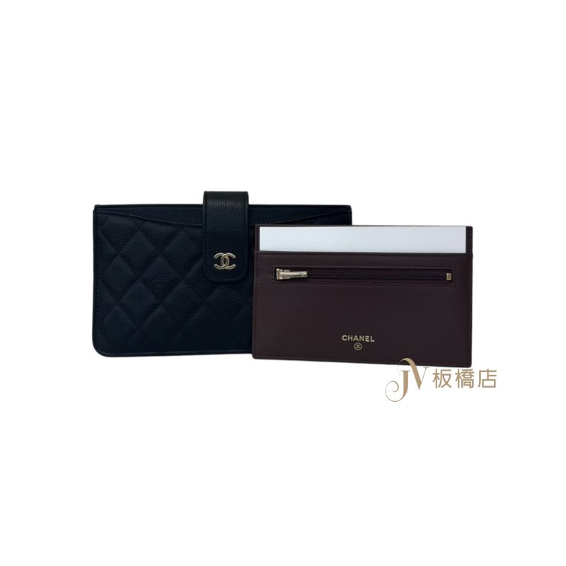 CHANEL 黑銀釦式CF荔枝皮對開零錢中夾-1