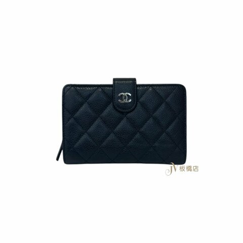CHANEL 黑銀釦式CF荔枝皮對開零錢中夾
