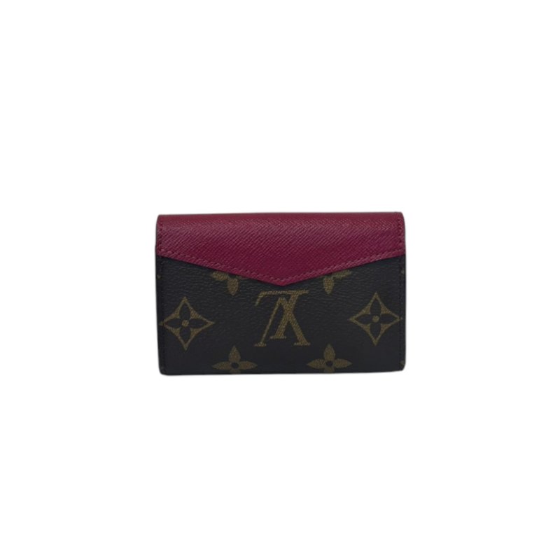 LV 紅牛皮拚原花信封釦式風琴短夾-3