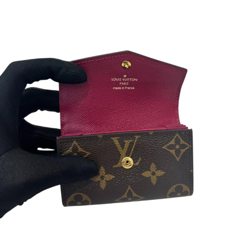 LV 紅牛皮拚原花信封釦式風琴短夾-6