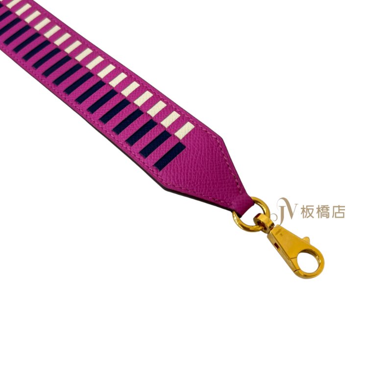 HERMES 玉蘭粉x奶昔白x寶石藍條紋金釦寬背帶-3