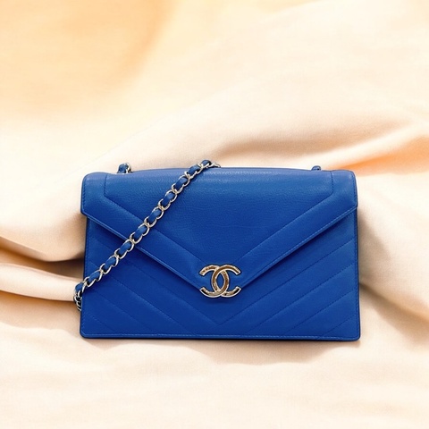 莉亞精品♡ Chanel 藍色v紋鏈條包 二手美包