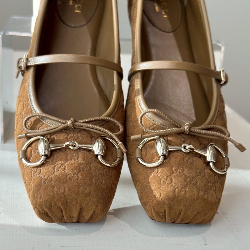 Gucci 壓紋Logo棕色芭蕾舞鞋37.5號-2