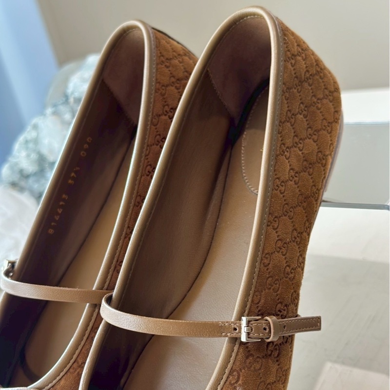 Gucci 壓紋Logo棕色芭蕾舞鞋37.5號-4