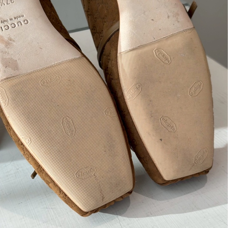Gucci 壓紋Logo棕色芭蕾舞鞋37.5號-9