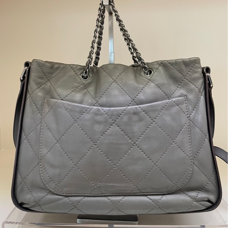 CHANEL 灰綠色拼皮外縫托特包 15開-1
