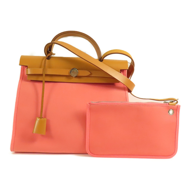 HERMES 帆布Herbag PM銀扣手挽肩背兩用袋Rose Azalee-0