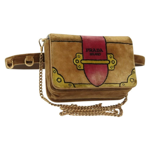 PRADA 鏈條 Kaye 單肩包 Velor 米色金色 正品 141360