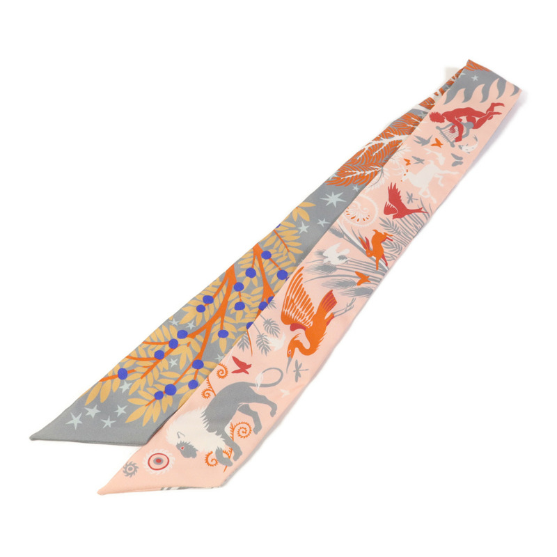 HERMES 絲質Twilly絲巾Grey/Pink-1