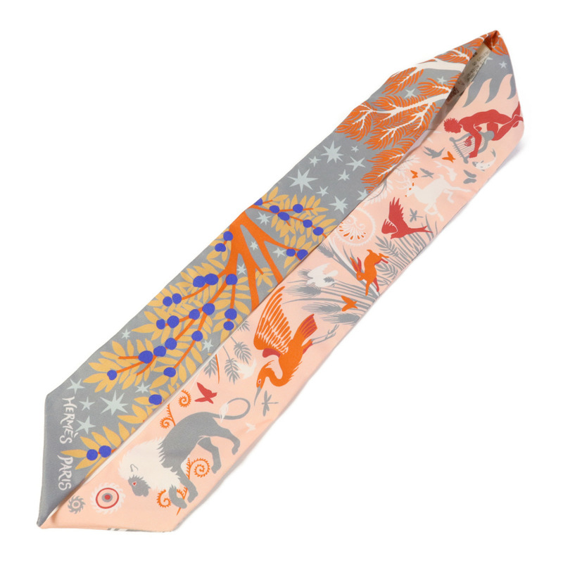 HERMES 絲質Twilly絲巾Grey/Pink-3
