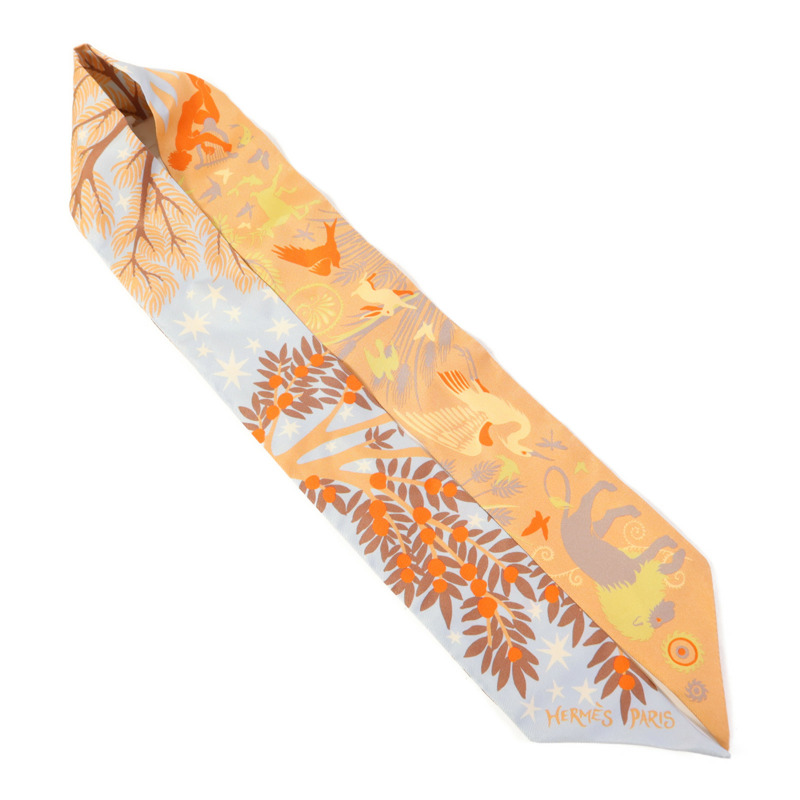 HERMES 絲質Twilly絲巾Beige/Rose-4
