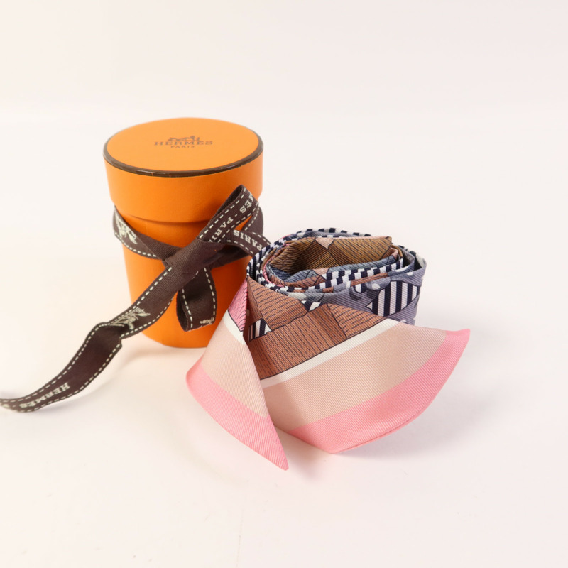 HERMES 絲質Twilly絲巾Pink/Brown/Grey-9