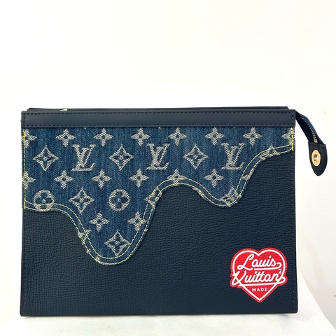 LV x NIGO藍牛皮拼牛仔布手拿包