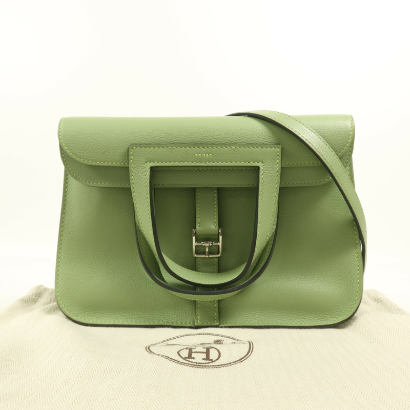 HERMES Evercolor皮革Halzan 25銀扣手挽肩背兩用袋Vert Criquet-13