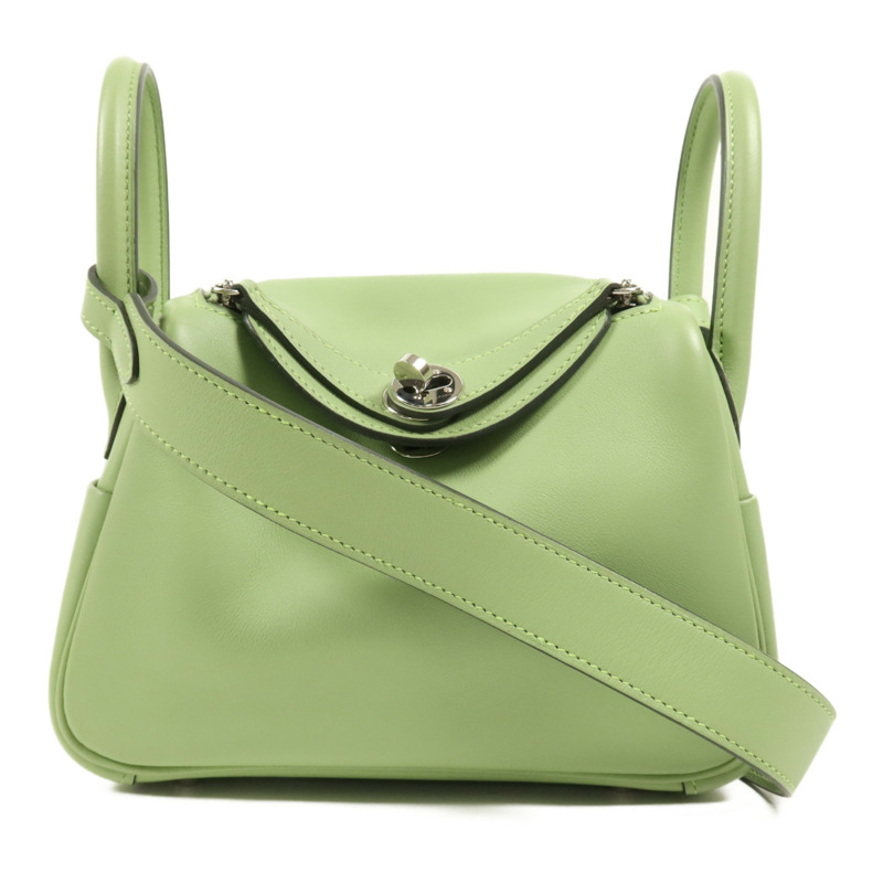 HERMES Swift皮革Mini Lindy銀扣手挽肩背兩用袋Vert Criquet-0