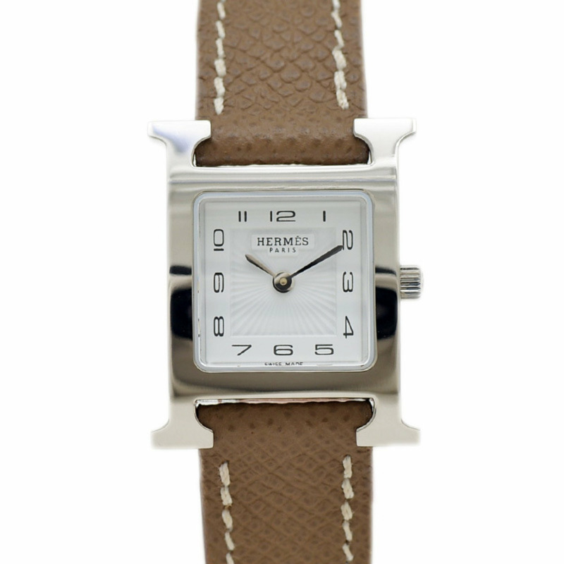 Hermès H Watch PM 女士白色錶盤腕錶,銀色金屬配件和皮革錶帶,石英機芯,HH1.201-0