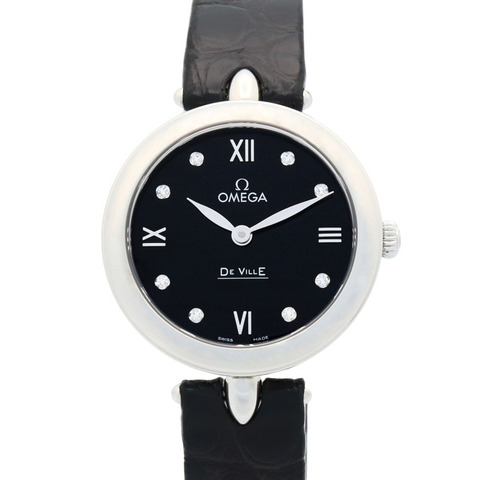 OMEGA De Ville Prestige 腕錶，鑽石，不鏽鋼，皮革，女士，黑色，424.13.27.60.51.001