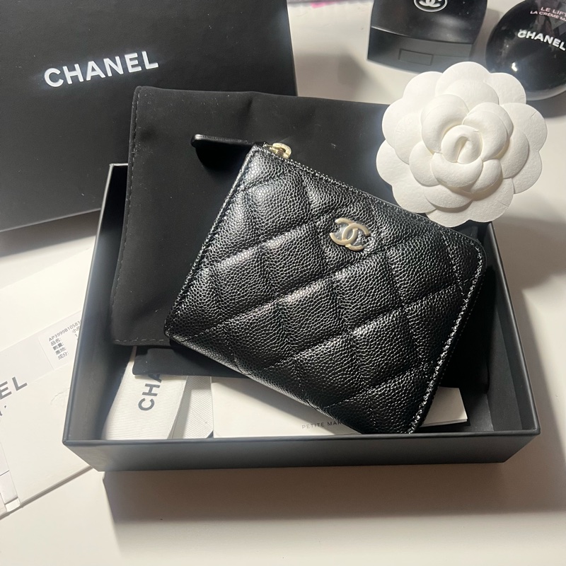 全新品 Chanel 黑色荔枝牛皮新款L型拉鏈短夾-0