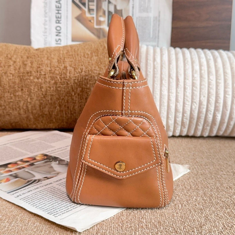 【近新閒置品】Celine 焦糖奶茶色太妃糖外縫線牛皮手提包-3