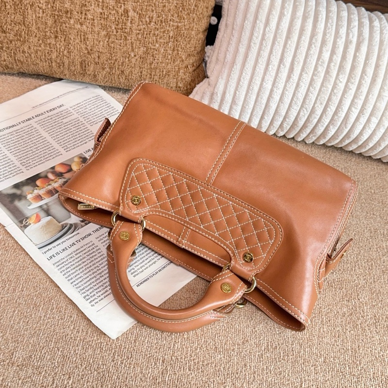 【近新閒置品】Celine 焦糖奶茶色太妃糖外縫線牛皮手提包-7