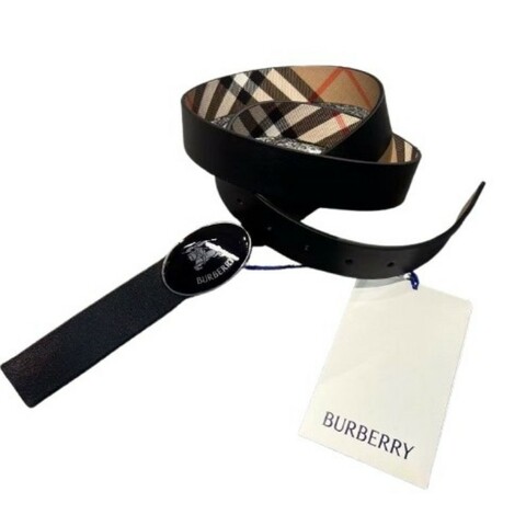 【新品】BURBERRY Oval Knight 格紋配黑皮革雙面男款腰帶 皮帶 95cm