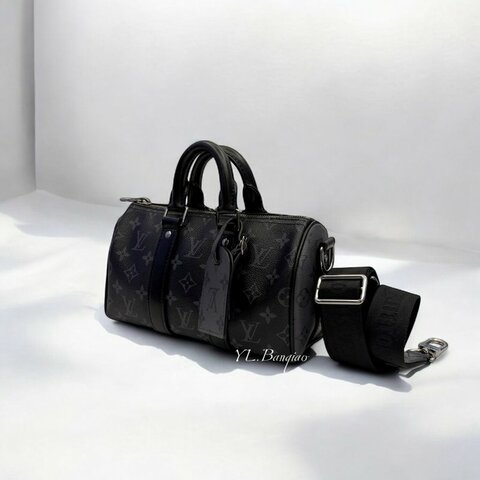 LV Keepall 25 黑老花手提肩背波士頓包 M46271