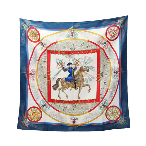 HERMES Carre90 FEUX D'ARTIFICE 圍巾 絲綢 白色 多色 藍色 紅色 二手 女士