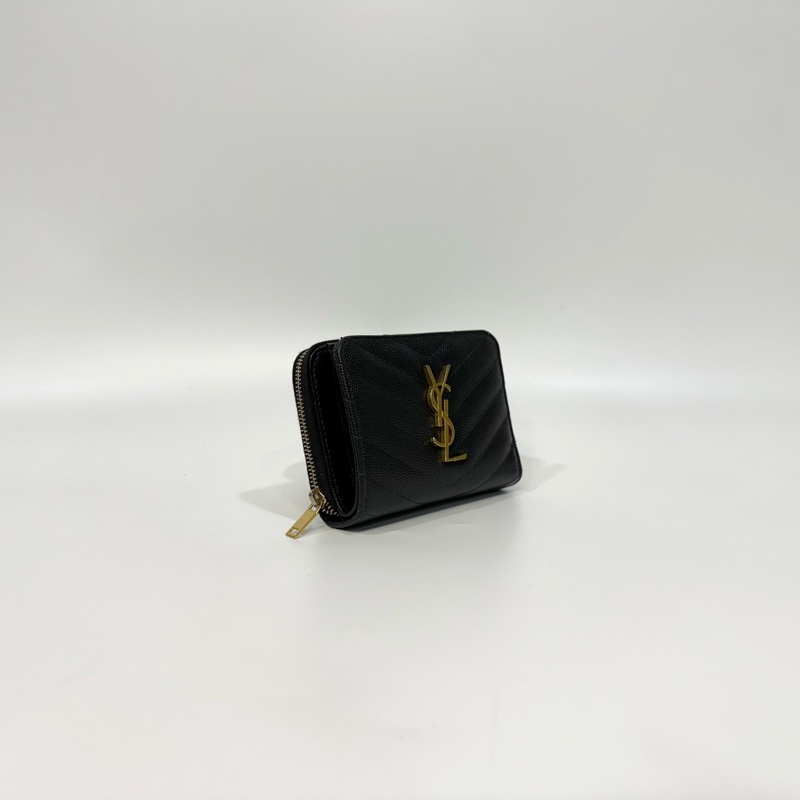 YSL黑金魚子醬牛皮山形紋零錢對開短夾403723-3