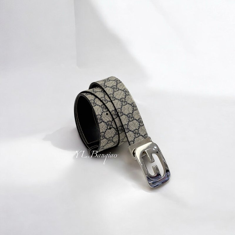 GUCCI 雙G拚黑牛皮銀釦皮帶245861-0