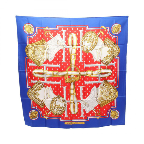 HERMES Carre90 SELLES A HOUSSE 圍巾 絲綢 藍色 紅色 多色 二手 女士