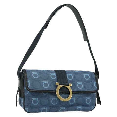 Salvatore Ferragamo Gancini 單肩包 帆布 海軍藍 金色 正品 BA5868